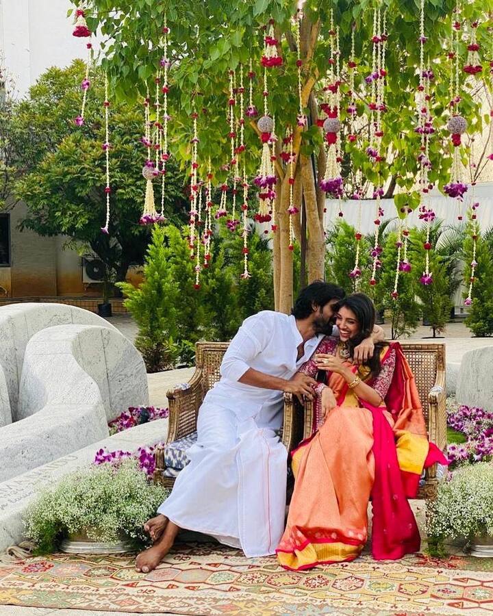 The couple had a traditional Roka ceremony during the Lockdown where Rana opted for all white while Miheeka was decked up in a Kanjeevaram saree with an intricate blouse. (PIC Credit: Instagram)