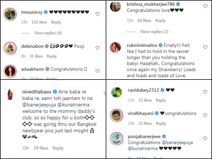 Several TV celebs including Mouni Roy, Debina Bonnerjee, Adaa Khan, Pooja Banerjee, Krishna Mukherjee, Ravi Dubey dropped comments on the post and congratulated the soon-to-be parents. 