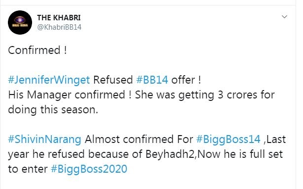 Bigg Boss 14: 'Beyhadh 2' Actress Jennifer Winget Says NO To Rs 3-Crore