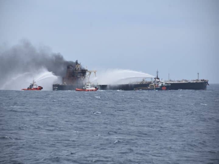 The tanker had suffered a crack of its hull some 10 metres (33 feet) above the waterline as a result of intense heat from the fire, officials said. (Image: AFP)