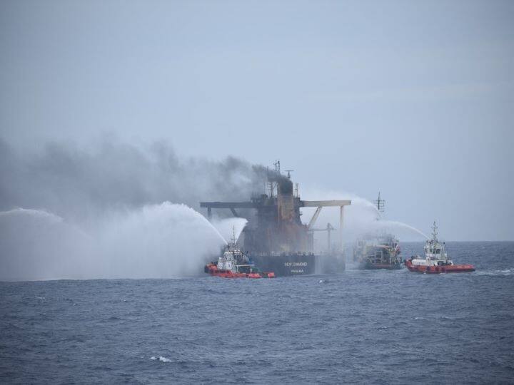 The rescue vessels doused the tanker with water to prevent fresh fires being ignited in heavy winds lashing the hot steel plates near the burnt engine room.(Image: ANI)