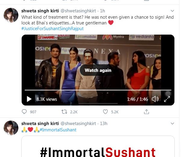 What Kind Of Treatment Is That?': Shweta Singh Kirti Shares Old Video Of Sushant Singh Rajput; Deletes Tweet Later