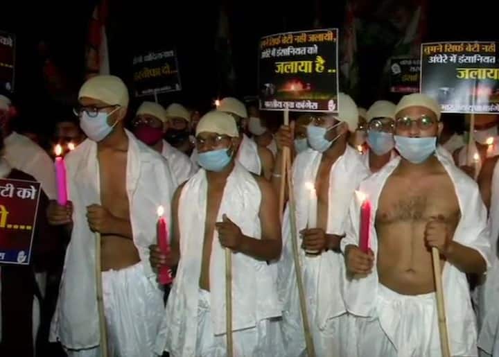 Youth Congress members dressed as Mahatma Gandhi, organised a demonstration at Jantar Mantar Road to protest the alleged Hathras gangrape.