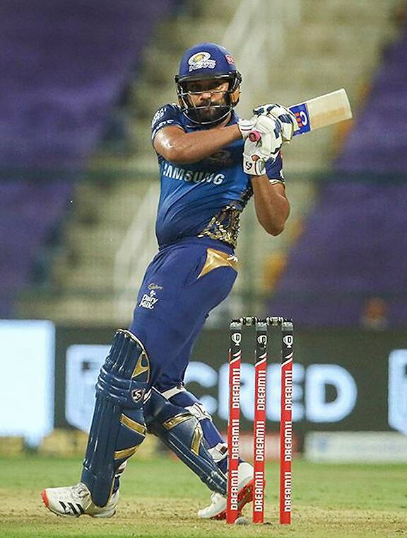 Mumbai Indians (MI) batsman Rohit Sharma plays a shot during the Indian Premier League 2020 cricket match against Kings XI Punjab, at Sheikh Zayed Stadium, Abu Dhabi. The Match was won by MI by 48 runs. Image (PTI)