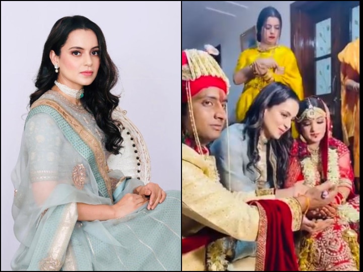 Kangana Ranaut was seen in a color blocked Lehenga by Anuradha Vakil for  her brother's wedding | WeddingSutra