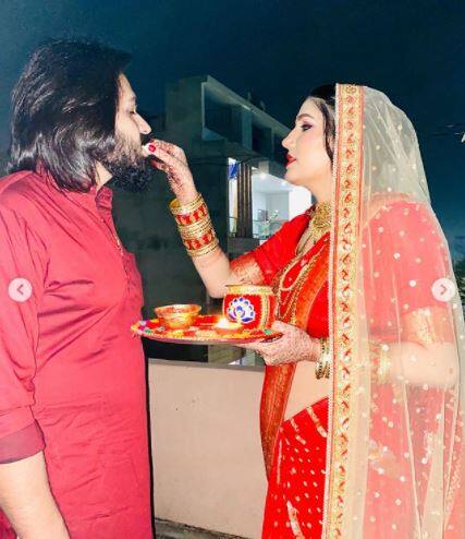 Sapna shared several pics from her first karwa chauth celebration on Instagram, which shows her all decked up.