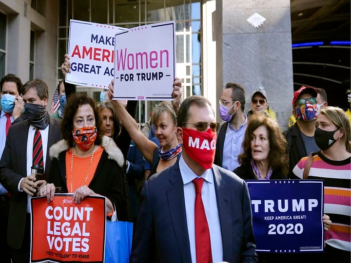 Philadelphia : Supporters of President Donald Trump demonstrate outside the Pennsylvania Convention Center where votes are being counted, Thursday, Nov. 5, 2020, in Philadelphia, following Tuesday's election. AP/PTI (AP05-11-2020_000245A)