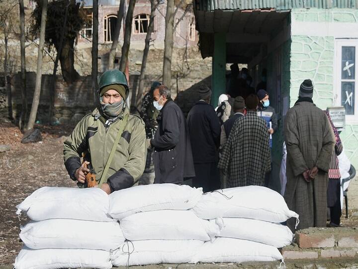 A security personnel stands guard as voters wait in queues to cast their votes for the first phase of the District Development Council (DDC) elections in Ganderbal district of central Kashmir. (Image: PTI)