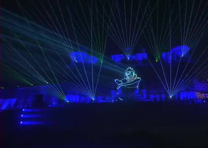 PM Modi and CM Yogi Adityanath witnessed laser show organised as a part of Dev Deepawali celebrations in Varanasi. (Image ANI)