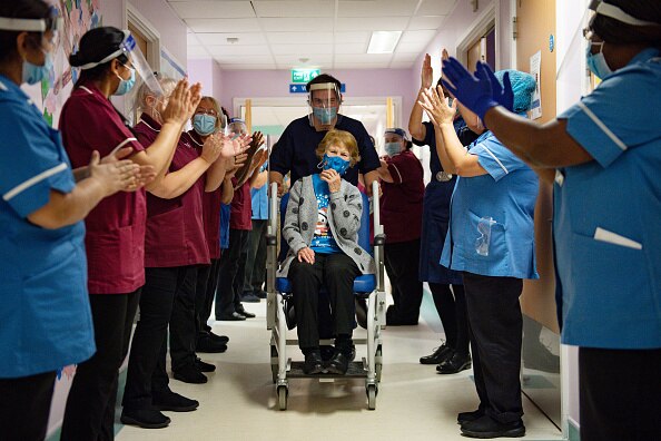 At 6:31 am GMT early riser Margaret, known to family and friends as Maggie, was given the life-saving jab by nurse May Parsons at her local hospital in Coventry to mark what the National Health Service (NHS) has dubbed a