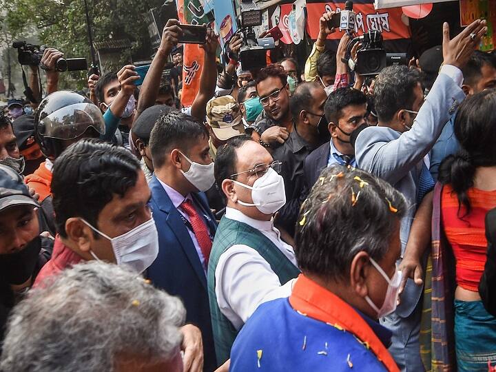 Kolkata: BJP National President JP Nadda is greeted by his party supporters on his arrival in Kolkata, Wednesday, Dec. 9, 2020. Nadda is on a two-day visit to West Bengal from today. (PTI Photo/Ashok Bhaumik)(PTI09-12-2020_000157)