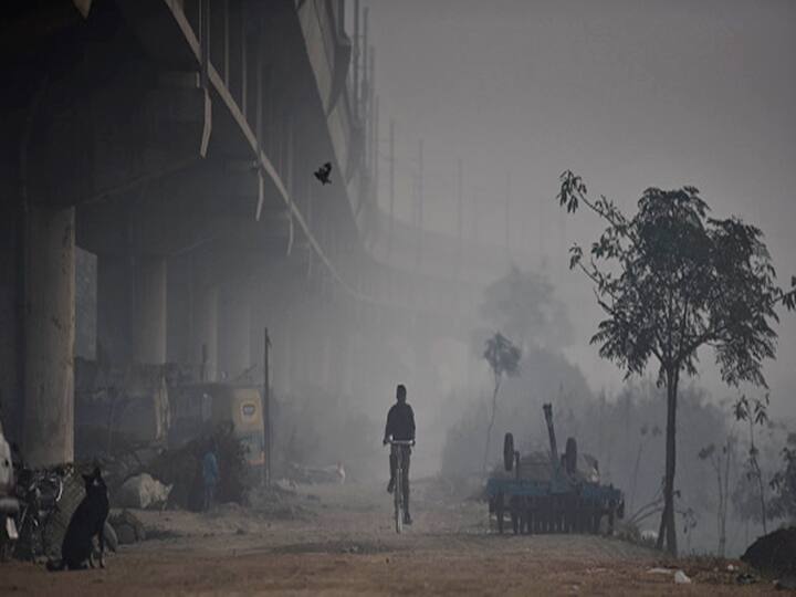 A man rides a bicycle under a bridge near NH 24 on a cold winter morning in New Delhi. (Photo via Getty Images)