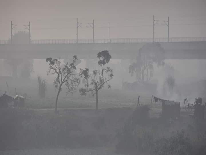 A view of a field engulfed in dense smog on a cold winter morning at Mayur Vihar. (Photo via Getty Images)