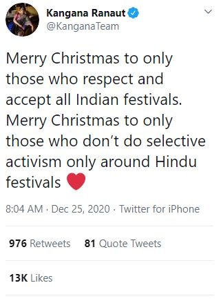 Merry Christmas To Only Those Who Respect All Indian Festivals,' Kangana's Wish Comes With A Twist