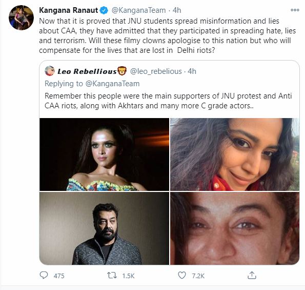 Kangana Ranaut Calls Deepika Padukone, Swara Bhaskar, Anurag Kashyap 'Terrorists' For Supporting JNU Protests