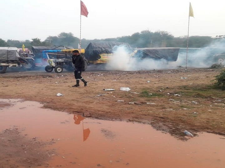 Rewari: Teargas shells fired by Haryana Police after farmers tried marching towards Delhi, to join the main agitation against the Center's farm laws, at Masani barrage near Dharuhera town in Rewari district, Sunday, Jan. 3, 2021. (PTI Photo)