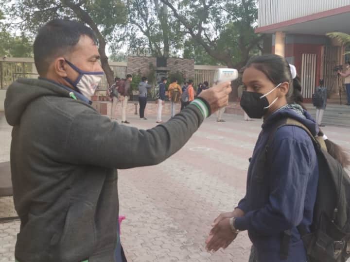 Schools in Gujarat open of the first time since the lockdown last year for classes 10th and 12th. School reopened after mandatory compliance of Covid-19 prevention standard operating procedures (SOPs) and consent of parents. IMAGE (ANI)