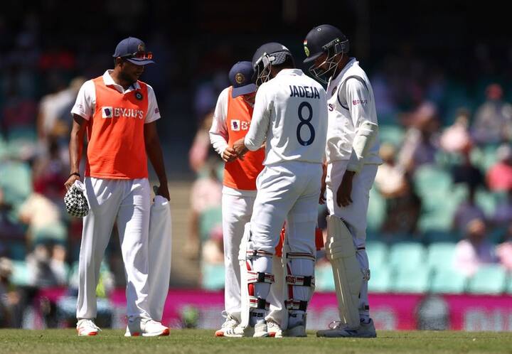 Ravindra Jadeja: Team India is likely to miss all-rounder Ravindra Jadeja for the rest of the series after the left-hander suffered a blow to his left thumb while batting a Mitchell Starc short delivery on the day three of the third Test against Australia at the Sydney Cricket Ground last week. (Image: @BCCI/Twitter)