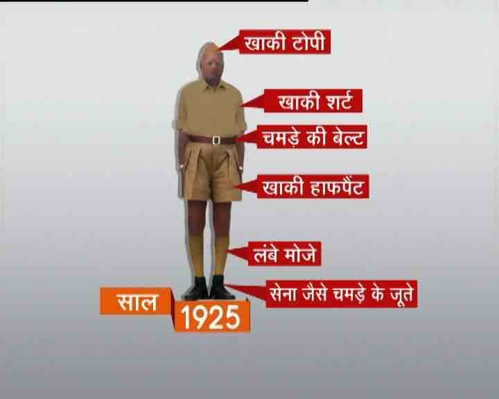 1925 में संघ के कार्यकर्ताओं की वेशभूषा में काली टोपी, खाकी शर्ट, खाकी निकर, चमड़े की बेल्ट, सेना जैसे जूते और लंबे मोज़े शामिल थे.