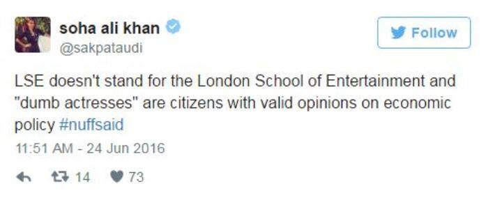 सोहा अली ने अंत में ट्वीट करके लिखा 'LSE का मतलब London School of Entertainment नहीं है. 