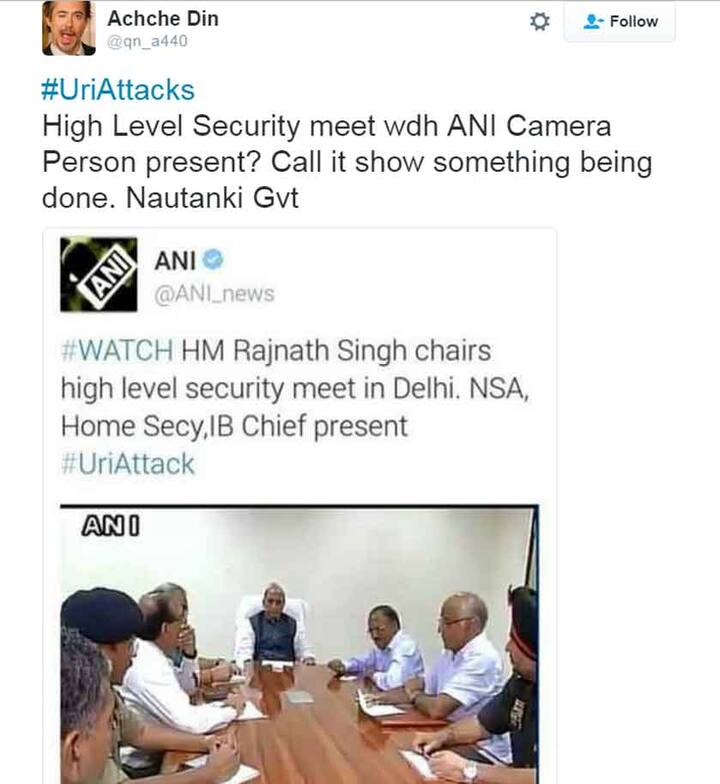अच्छे दिन नाम के अकाउंट से लिखा गया- एनआई कैमरा पर्सन की मौजूदगी में हाईलेवल मीटिंग? कुछ हो रहा है ये दिखाने के लिए ये किया जा रहा है. नौटंकी सरकार! 