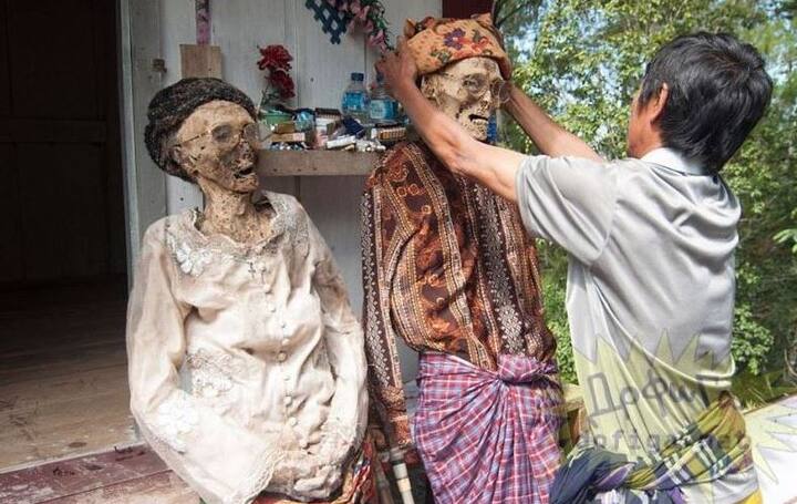 इंडोनेशिया के तोराजा गांव के लोग अपने परिजनों की लाशों को दफानाते या जलाते नहीं हैं बल्कि उनकी लाशों को किसी खास जगह पर ताबूत में डालकर छोड़ देते हैं और खास मौकों पर लाशों को निकाला जाता है और उन्हें नए कपड़े पहनाए जाते हैं. तोराजा गांव के लोग अपने मृतकों के शरीरों के साथ जिंदा लोगों की तरह पेश आते हैं.