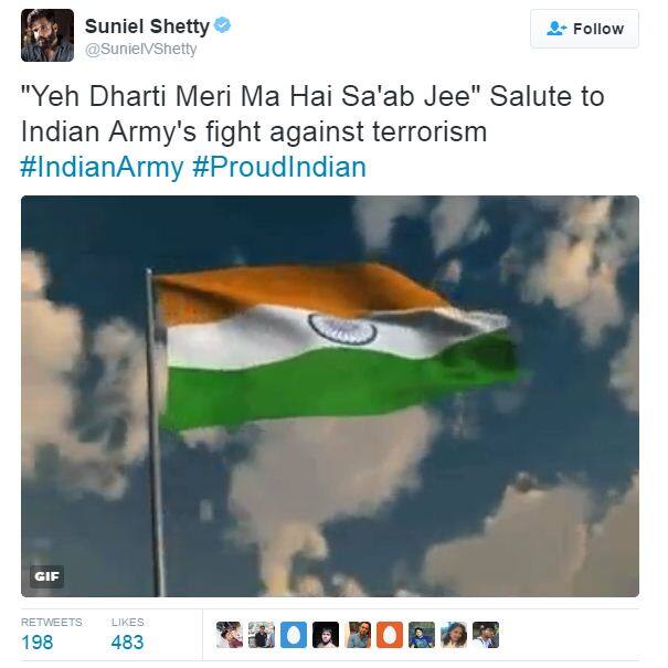 बार्डर जैसी ऐतिहासिक फिल्म में एक शहीद फौजी की किरदार निभाने वाले सुनिल शेट्टी ने सेना की वीरता के शान में अपना दमदार डायलॉग ट्वीट किया है-‘ये धरती मेरी मां है साब जी’. तिरंगे झंडे की तस्वीर चस्पा कर सुनिल दत्त ने अपने अंदाज में सलामी दी है.