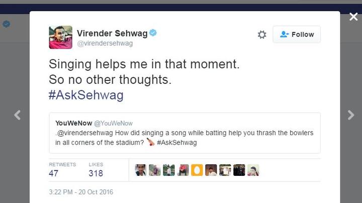 सहवाग ने जन्मदिन पर अपने सोशल मीडिया पर आस्क सहवाग हैशटेग के साथ अपने फैंस से सवाल-जवाब किए जिसमें कई फैन्स ने उनसे क्रिकेट जगत से जुड़े कई सवाल पूछे.