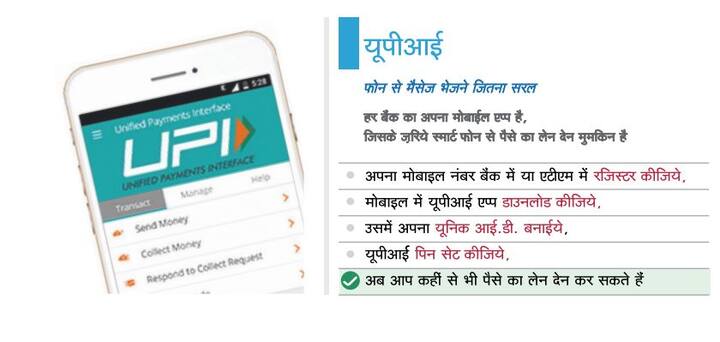 सरकार ने अपने इश्तेहार में बैंकों की तरफ से लॉन्च जारी किए गए यूनिफाइड पेमेंट इंटरफेस की जानकारी दी है. इस एप की मदद से कैसे रुपये की लेन देन आसान तरीके की जी सकती है, इसे बताया गया है. इसके लिए उपभोक्ताओं को अपना मोबाइल नंबर अपने बैंक या एटीएम से जोड़ना होगा. इस एप को डाउनलोड करने के बाद इसका पिन सेट करने होगा. इसके बाद उपभोक्ता इस एप की मदद से नगदी लेन-देन कर सकेंगे.   