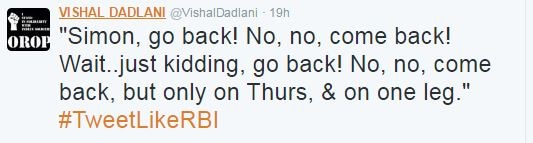 डडलानी ने RBI की उड़ाई खिल्ली, 'साइमन वापस जाओ! नहीं, नहीं, आ जाओ