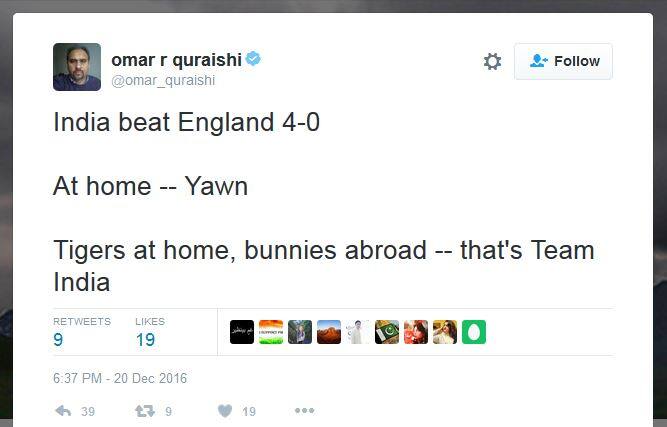 पाकिस्तान के एक पत्रकार उमर कुरैशी ने ट्वीट करते हुए कहा कि, 'भारत ने घर में इंग्‍लैंड को 4-0 से हरा दिया, आह. घर में शेर, बाहर खरगोश, यही है टीम इंडिया.'