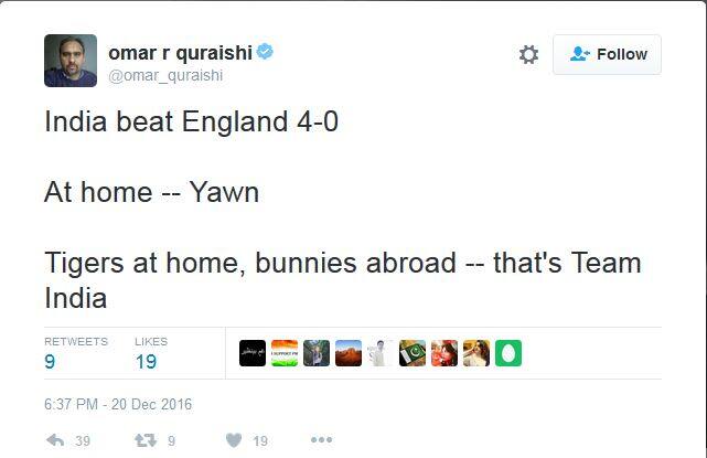 हालांकि इसके बाद उमर ने एक और ट्वीट में लिखा, 'इंग्‍लैंड के खिलाफ 4-0 से सीरीज जीतने पर भारतीय मीडिया उन्‍मादित है. वे भूल गए कि यह घर की सीरीज है. जो कि Zzzzzz जैसी है.'