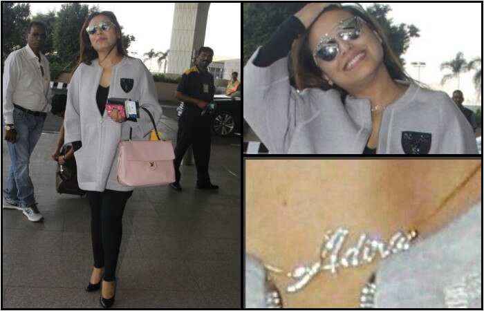 Rani Mukerji Spotted Wearing Adira Pendant See Pics PICS: एयरपोर्ट पर मिली रानी मुखर्जी की झलक, गले में पहने थीं बेटी आदिरा के नाम का पेंडेंट