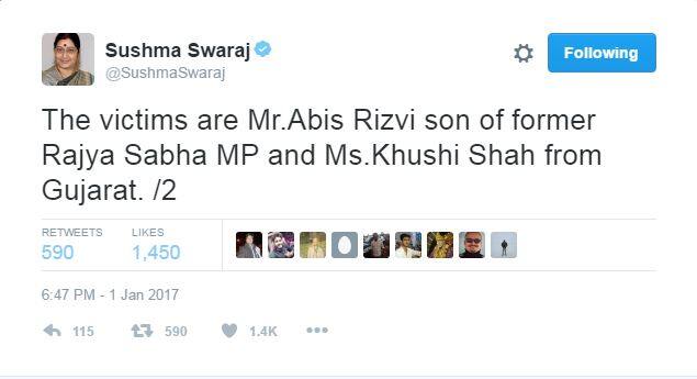 विदेश मंत्री सुषमा स्वराज ने ट्वीट कर बताया कि रिजवी हमले में जान गंवाने वाले दो भारतीयों में एक हैं. 