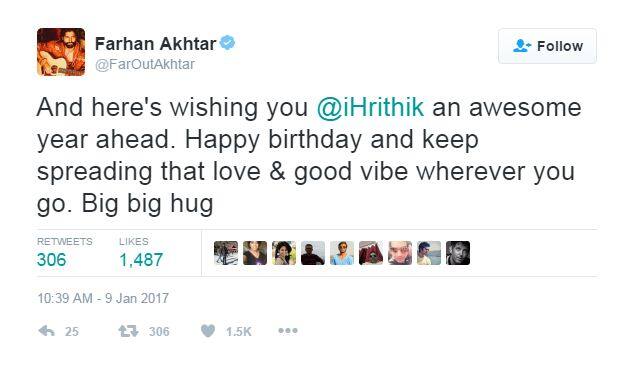 ऋतिक को जन्मदिन पर सितारों ने ट्वीट कर शुभकामनाएं दी. फरहान अख्तर ने लिखा, कामना करते हैं कि ऋतिक का यह वर्ष अद्भुत रहे. जन्मदिन मुबारक हो और आप इसी तरह प्यार और खुशियां बरसाते रहें. एक बड़ी झप्पी.
