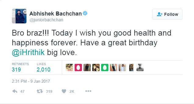 अभिषेक बच्चन : भाई! आज आपके अच्छे स्वास्थ्य और खुशियों की कामना करते हैं. जन्मदिन शानदार रहे, ऋतिक को प्यार.