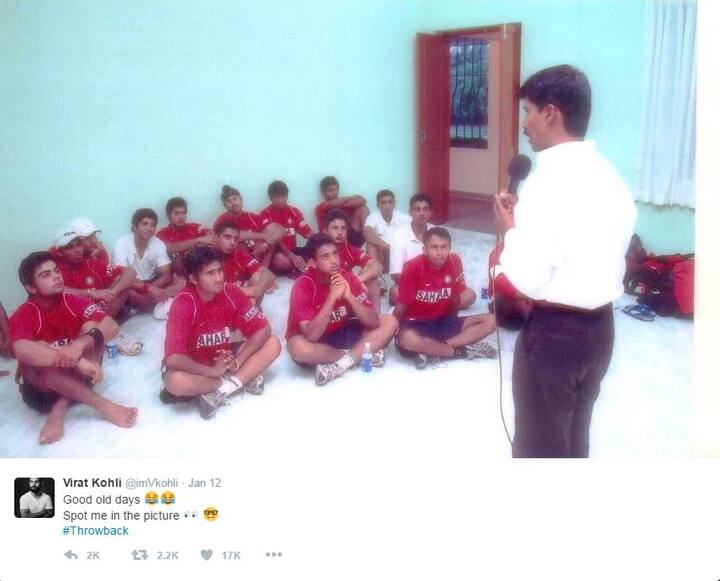 विराट की ये तस्वीर उस समय की है जब वो जूनियर टीम का हिस्सा हुआ करते थे. विराट ने लिखा है कि पुराने बेहतर दिन, पहचानो मुझे. विराट इस तस्वीर में सबसे बाईं ओर बैठे हैं.