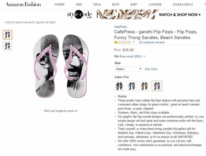 एमेजन.कॉम पर आज महात्मा गांधी की फोटो वाली चप्पलों की ऑनलाइन बिक्री शुरु की है. कंपनी की वेबसाइट पर इसकी कीमत 17 डॉलर यानी करीब 1100 रुपये दिखाई जा रही है.