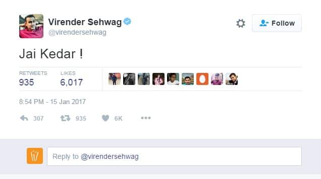 टीम इंडिया की इस जीत के बाद विस्फोटक बल्लेबाज़ वीरेंद्र सहवाग कैसे चुप रह सकते थे. सहवाग ने ट्वीट कर कहा,'जय केदार.'