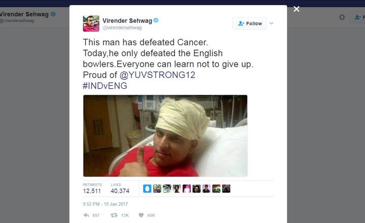 सहवाग ने सोशल मीडिया पर लिखा, 'इस आदमी ने कैंसर को मात दी और आज इसने इंग्लैंड के गेंदबाज़ों को हराया. हर किसी को इससे सीखना चाहिए कि ज़िन्दगी में कभी हार नहीं माननी चाहिए.' तुम पर गर्व है युवराज सिंह.'