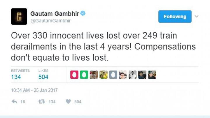 गौतम गंभीर ने लिखा, 'पिछले 4 सालों में 330 से ज्यागा ज़िंदगियों ने 249 से ज्यादा रेल दुर्घटनाओं में अपनी जान गंवाई है, मुआवज़ा उनकी ज़िंदगियों की भरपाई नहीं कर सकता.'