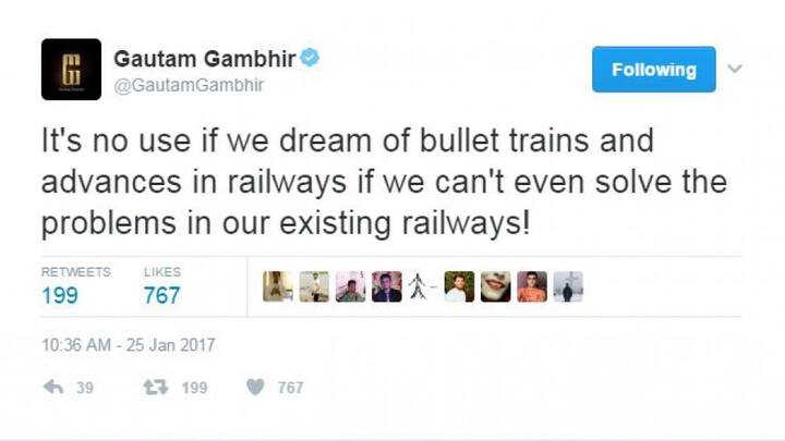 गंभीर ने इसके बाद एक और ट्वीट कर कहा, 'बुलेट ट्रेन या रेलवे में आने वाली नई-नई योजनाओं का कोई मतलब नहीं है अगर मौजूदा रेलवे के हालात में सुधार नहीं कर पाते हैं तो.'