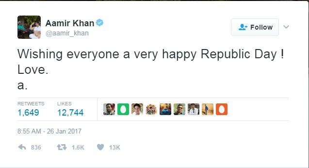 आमिर खान : सभी को गणतंत्र दिवस की बधाई.