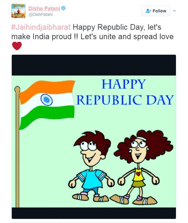 दिशा पटानी : हैप्पी हैप्पी रिपब्लिक डे, एकजुट रहें और देश को खूबसूरत बनाने के लिए साथ आएं. भारतीयों को सलाम.
