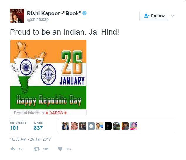  ऋषि कपूर : भारतीय होने पर गर्व है. जय हिंद!