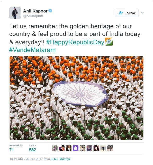  अनिल कपूर : देश की स्वर्णिम विरासत को याद करें और आज व हमेशा भारत का हिस्सा बनने पर गर्व महसूस करें! हैप्पी रिपब्लिक डे. वंदे मातरम.