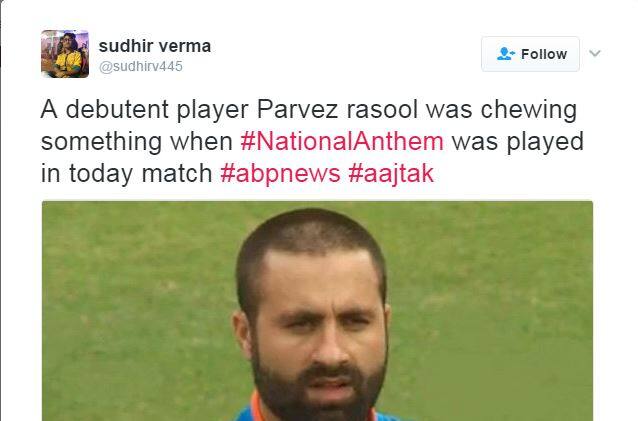 सुधीर वर्मा ने इस विवाद पर लिखा, 'भारत के लिए डेब्यू करने वाले खिलाड़ी परवेज़ रसूल राष्ट्रगान के दौरान कुछ चबा रहे थे.'