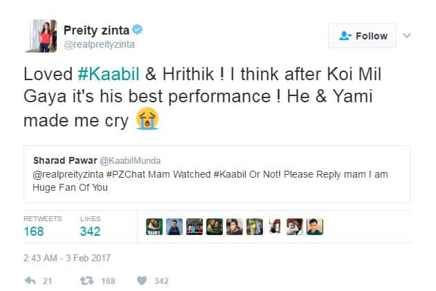 फिल्म 'काबिल' की तारीफ करते हुए प्रीति ने कहा कि रितिक और यामी ने उन्हें रोने का मजबूर कर दिया.