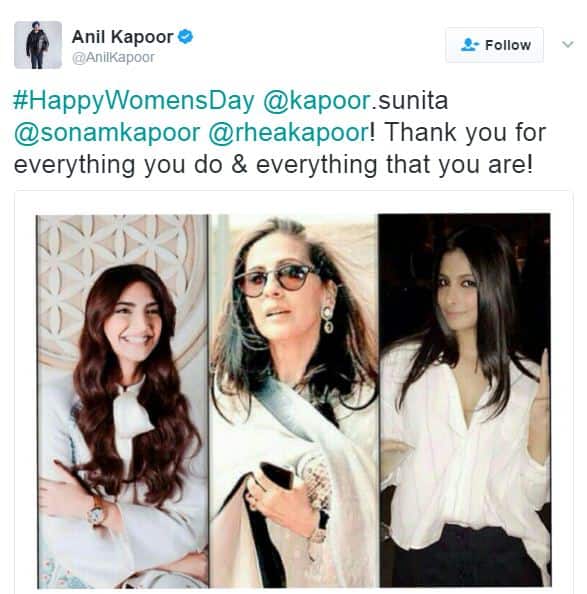  अनिल कपूर : सुनीता कपूर, सोनम कपूर और रिया कपूर (अनिल कपूर की पत्नी व बेटियां) को महिला दिवस की बधाई. आपने जो कुछ किया और जो कुछ भी कर रहे हो सबके लिए धन्यवाद.