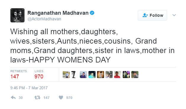 आर माधवन : सभी माताओं, बेटियों, पत्नियां, बहनों, चाची, भतीजी, चचेरी बहनों, दादी-नानी, पोती, बहू, सासु माओं को महिला दिवस की शुभकामनाएं.